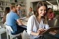 Happy business people, office colleagues having discussion during meeting in conference room. Royalty Free Stock Photo