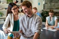 Happy business people, office colleagues having discussion during meeting in conference room. Royalty Free Stock Photo