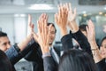 Happy Business people showing team work and giving five after signing agreement or contract with foreign partners in office Royalty Free Stock Photo