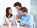 Happy business people, tablet and laughing in meeting for funny joke or meme together at office desk. Group of friendly Royalty Free Stock Photo