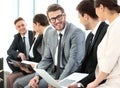 Happy business people talking on meeting at office Royalty Free Stock Photo