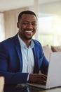 Happy, business and portrait of a black man with a laptop for planning, connection and email on work wifi. Smile