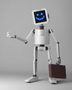 Happy business robot with suitcase 3d render