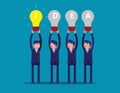 Happy business team holding idea light bulbs above his head. Concept business creative ideas vector illustration. Flat cartoon Royalty Free Stock Photo