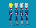 Happy business team holding idea light bulbs above his head. Concept business creative ideas vector illustration. Flat cartoon Royalty Free Stock Photo
