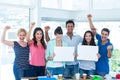 Happy business team holding a signboard Royalty Free Stock Photo