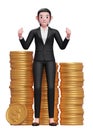 Happy business woman in black formal suit getting lots of piles of gold coins Royalty Free Stock Photo