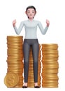 Happy business woman in blue shirt getting lots of piles of gold coins Royalty Free Stock Photo