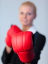 Happy Business woman with Boxing Gloves Royalty Free Stock Photo