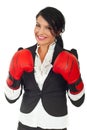 Happy business woman with boxing gloves Royalty Free Stock Photo