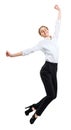 Happy business woman in formal wear jumping with briefcase. Royalty Free Stock Photo