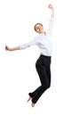 Happy business woman in formal wear jumping with briefcase. Royalty Free Stock Photo