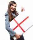 Happy Business woman hold gift box. White backgrou Royalty Free Stock Photo