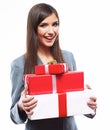 Happy Business woman hold gift box. White background isolated Royalty Free Stock Photo