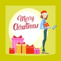 Happy Business Woman Hold Present Box Using Cell Smart Phone Merry Christmas New Year Royalty Free Stock Photo