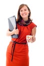 Happy business woman holding files and mug Royalty Free Stock Photo