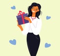 Happy business woman holding a gift box. Smiling girl received a gift. Big sale, holiday celebration, event. Vector Royalty Free Stock Photo
