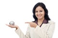 Happy business woman holding puzzle globe Royalty Free Stock Photo