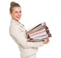 Happy business woman holding stack of folders Royalty Free Stock Photo