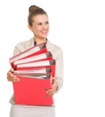 Happy business woman holding stack of folders Royalty Free Stock Photo