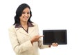 Happy business woman holding tablet computer display against white background Royalty Free Stock Photo