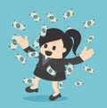 Happy business woman money rain throwing money up Business concept cartoon illustration