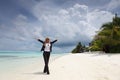 Happy business woman on the ocean coast Royalty Free Stock Photo