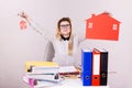 Happy business woman in office holding house Royalty Free Stock Photo