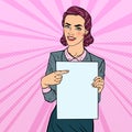 Happy Business Woman Pointing on Blank Paper Sheet Presentation. Pop Art retro illustration Royalty Free Stock Photo