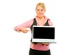 Happy business woman pointing on laptops Royalty Free Stock Photo