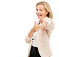 Happy business woman, portrait and thumbs up for success isolated on a white studio background. Female person show thumb Royalty Free Stock Photo