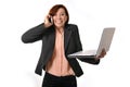 Happy business woman with red hair talking on the mobile cell phone holding laptop Royalty Free Stock Photo