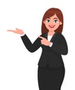 Happy business woman showing hand to copy space away. Business woman presenting or introducing something.