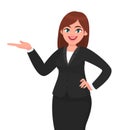 Happy business woman showing hand to copy space away. Business woman presenting or introducing something.