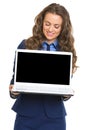 Happy business woman showing laptop blank screen Royalty Free Stock Photo