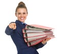 Happy business woman with stack of documents Royalty Free Stock Photo