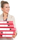 Happy business woman with stack of folders looking on copy space Royalty Free Stock Photo