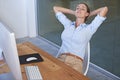 Happy business woman, stretching and relax for easy break, deadline achievement and office desk. Female worker, hands Royalty Free Stock Photo
