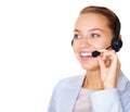Happy business woman talking on headset against white. Smiling young business woman speaking on the headset isolated Royalty Free Stock Photo