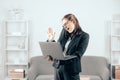 Happy business woman talking on the phone in the office. Portrait of young businesswoman accountant in formal wear at Royalty Free Stock Photo