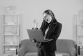 Happy business woman talking on the phone in the office. Portrait of young businesswoman accountant in formal wear at Royalty Free Stock Photo