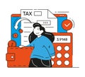 Happy business woman tax return online form with calculator and wallet full of coins vector flat