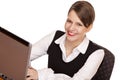 Happy business woman works on compputer Royalty Free Stock Photo
