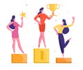 Happy Business Women Colleagues Stand on Winners Pedestal Posing with Trophy Cup and Golden Star. Female Office Workers Royalty Free Stock Photo