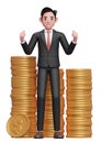 Happy businessman in black formal suit getting lots of piles of gold coins Royalty Free Stock Photo