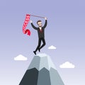 Happy businessman in black suit and glasses climbed a mountain with a red flag in his hand.