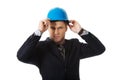 Happy businessman with blue hard hat. Royalty Free Stock Photo