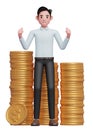 Happy businessman in blue shirt getting lots of piles of gold coins Royalty Free Stock Photo