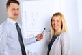 Happy Businessman with businesswoman giving a presentation on flipchart. Teamwork concept Royalty Free Stock Photo