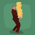 Happy businessman carries big stack of gold coins Royalty Free Stock Photo